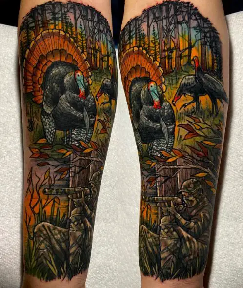 Colorful Forest Landscape and Turkey Hunting Arm Sleeve Tattoo