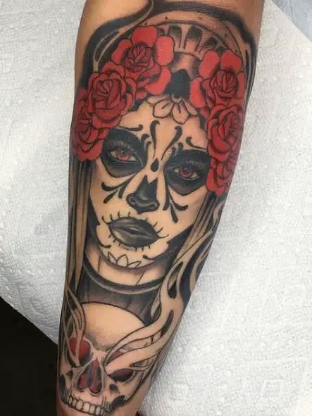 Skull and La Catrina with Roses Forearm Tattoo