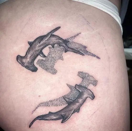 Two Hammerhead Sharks with Shadows Butt Tattoo
