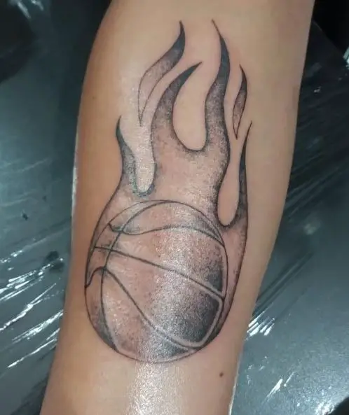 Black and Grey Basketball on Fire Forearm Tattoo