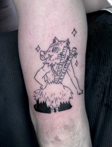 Stars and Inusoke Demon Slayer with Boar Mask Arm Tattoo