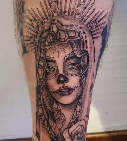 Grey La Catrina with Roses Leg Tattoo