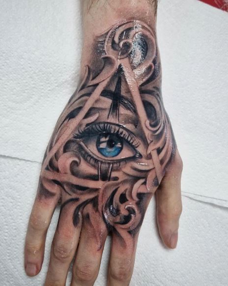 Blue All Seeing Eye Hand Tattoo