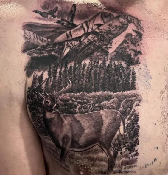 Forest Landscape with Ducks and Deer Chest Tattoo