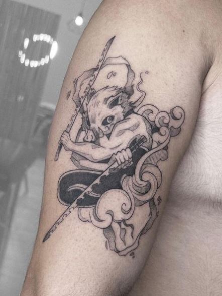 Fighting Inusoke Demon Slayer with Boar Mask Arm Tattoo