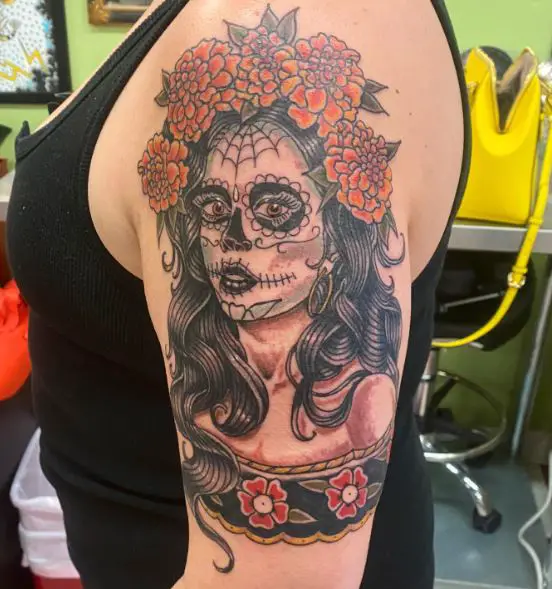 La Catrina with Red Roses Arm Tattoo