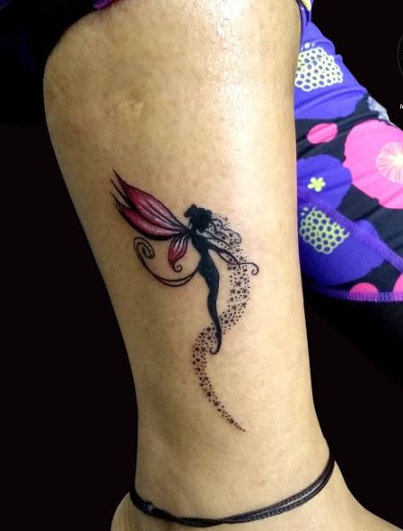 Black Shadow Fairy with Pink Wings and Fairy Dust Leg Tattoo