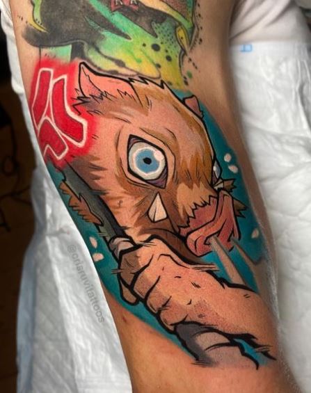 Colorful Inusoke Demon Slayer with Boar Mask Arm Tattoo