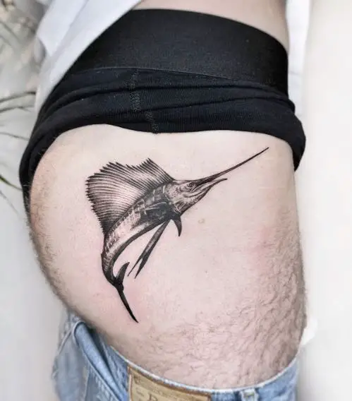 Black and Grey Sailfish Butt Tattoo