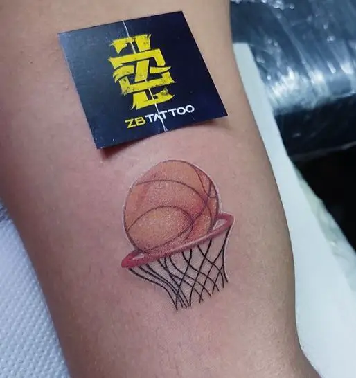 Colorful Basket with Net and Basketball Biceps Tattoo