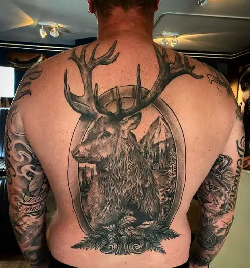 Mountain Landscape with Deer and Fern Back Tattoo