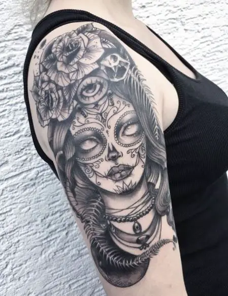 Grey La Catrina with Roses Arm Tattoo