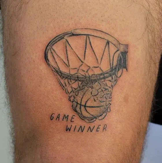 Black and Grey Basket with Net and Basketball Thigh Tattoo