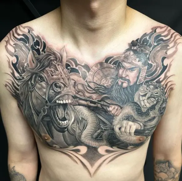 Chinese Warrior with Horse Chest Tattoo