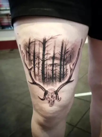 Dark Forest and Deer Skull with Horns Thigh Tattoo