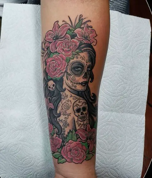 Skulls and La Catrina with Roses Forearm Tattoo