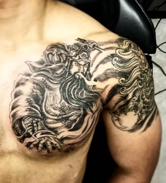 Chinese Warrior in Battle Chest and Shoulder Tattoo