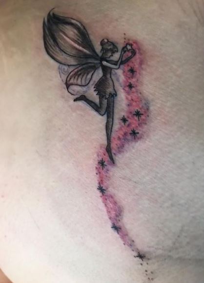 Black and Grey Shadow Fairy with Pink Fairy Dust Back Tattoo