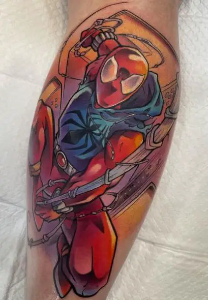 Colorful Swinging Spiderman with Hoody Calf Tattoo