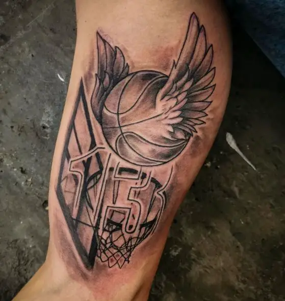Basket with Net and Basketball with Wings Biceps Tattoo