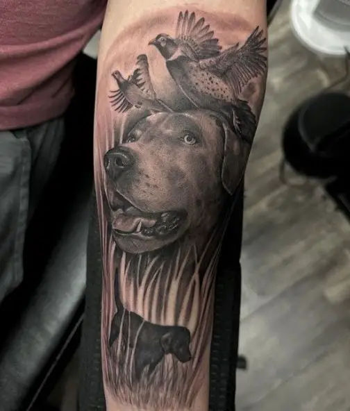 Pheasants and Hunting Dogs Forearm Tattoo