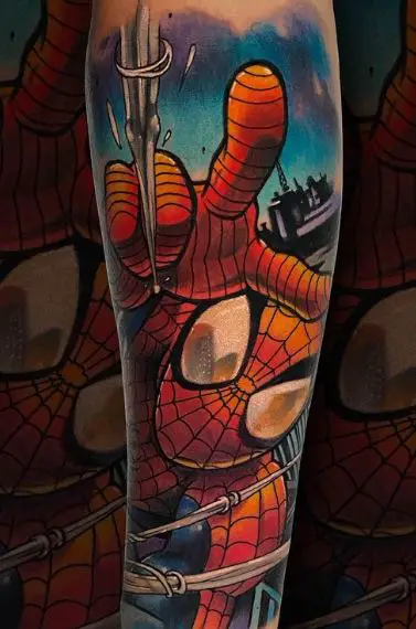 City Landscape and Swinging Spiderman Forearm Tattoo