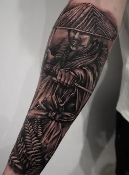 Leaves and Chinese Warrior with Katana Forearm Tattoo