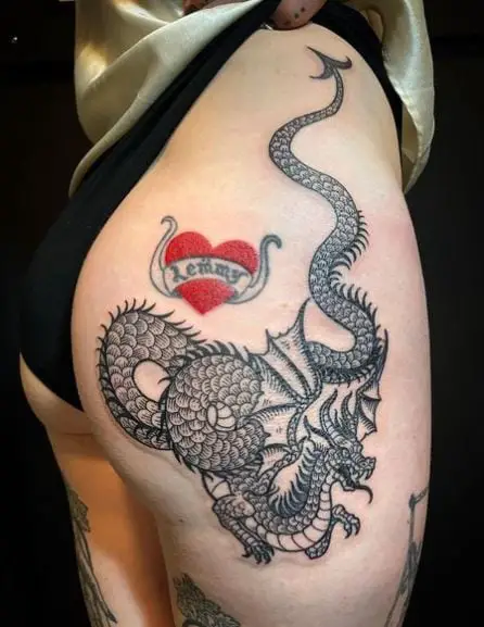 Red Heart and Flying Dragon Butt Tattoo
