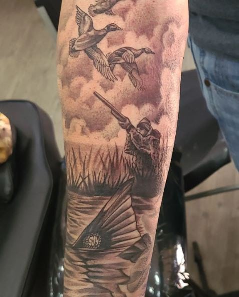 Duck Hunting by Lake Forearm Tattoo