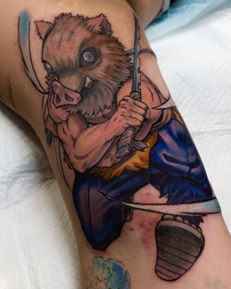 Colorful Inusoke Demon Slayer with Swords Leg Tattoo