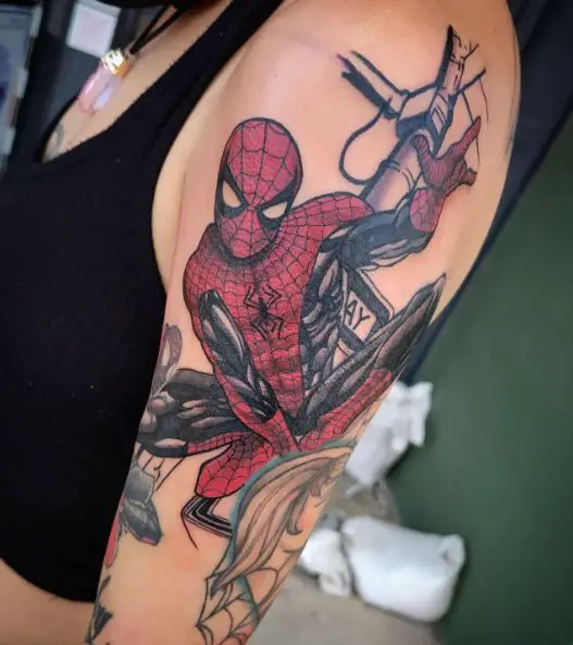 Street Sign and Swinging Spiderman Arm Tattoo