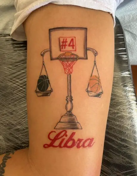 Libra with Basket and Basketballs Biceps Tattoo