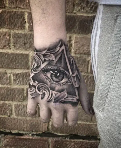 Realistic Grey All Seeing Eye Hand Tattoo