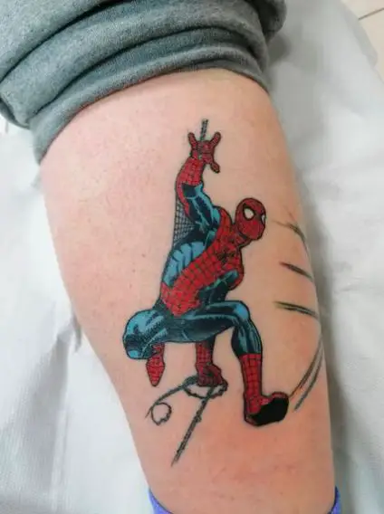 Spider Web and Swinging Spiderman Forearm Tattoo
