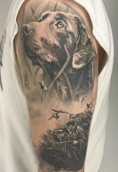 Ducks and Hunters with Hunting Dog Arm Tattoo