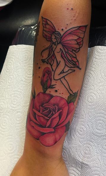 Pink Roses and Fairy Forearm Tattoo