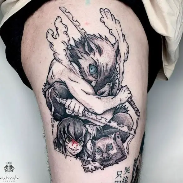 Black and Grey Inusoke Demon Slayer with Swords Thigh Tattoo