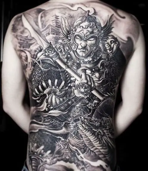 Chinese Warrior in Battle Full Back Tattoo