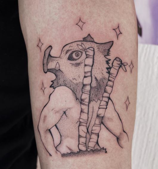 Stars and Inusoke Demon Slayer with Boar Mask Arm Tattoo