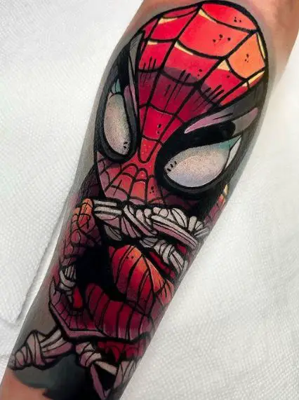 Colorful Swinging Spiderman with Spider Web Forearm Tattoo