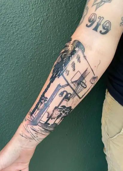 Trees and Basketball Court Forearm Tattoo