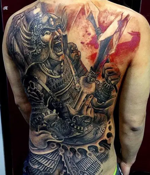 Colored Chinese Warrior in Battle Full Back Tattoo