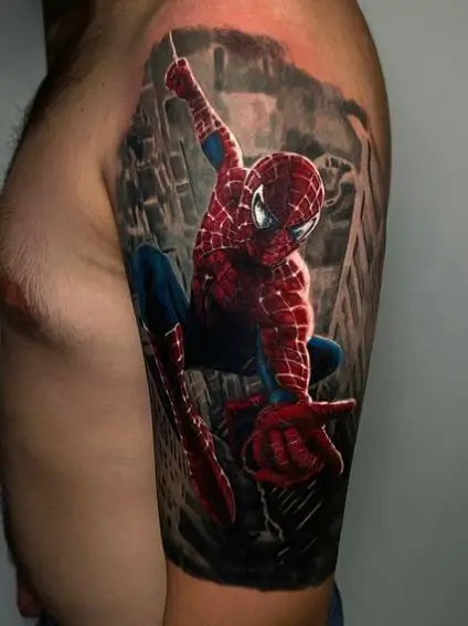 City Skyscrapers and Swinging Spiderman Arm Tattoo