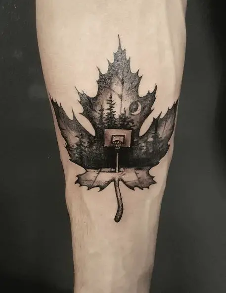 Maple Leaf and Basketball Court Forearm Tattoo