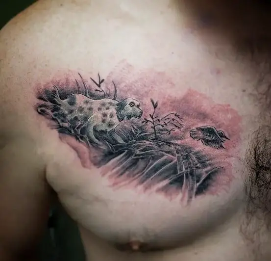 Shaded Hunting Dog and Bird Chest Tattoo