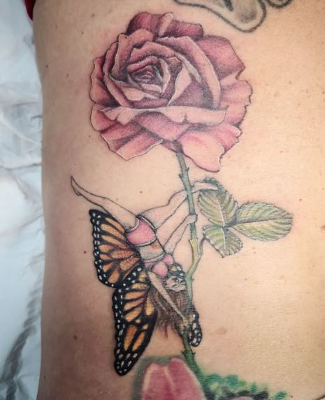 Pink Rose and Fairy Back Tattoo