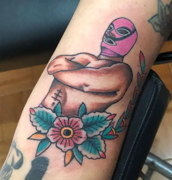 Pink Lucha Libre with Flowers Arm Tattoo