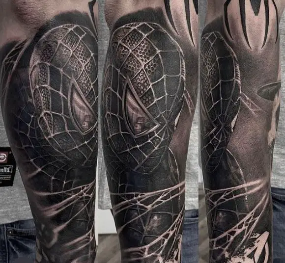 Black and Grey Spider Web and Swinging Spiderman Forearm Tattoo