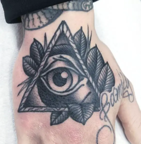 All Seeing Eye with Leaves Hand Tattoo