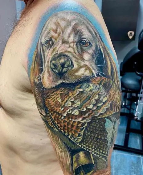 Colorful Hunting Dog with Catch in Mouth Arm Tattoo